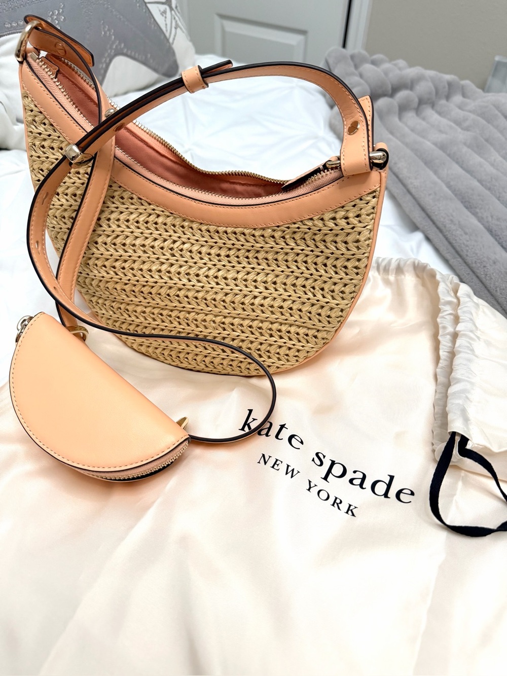 kate spade woven straw crescent crossbody with pink trim